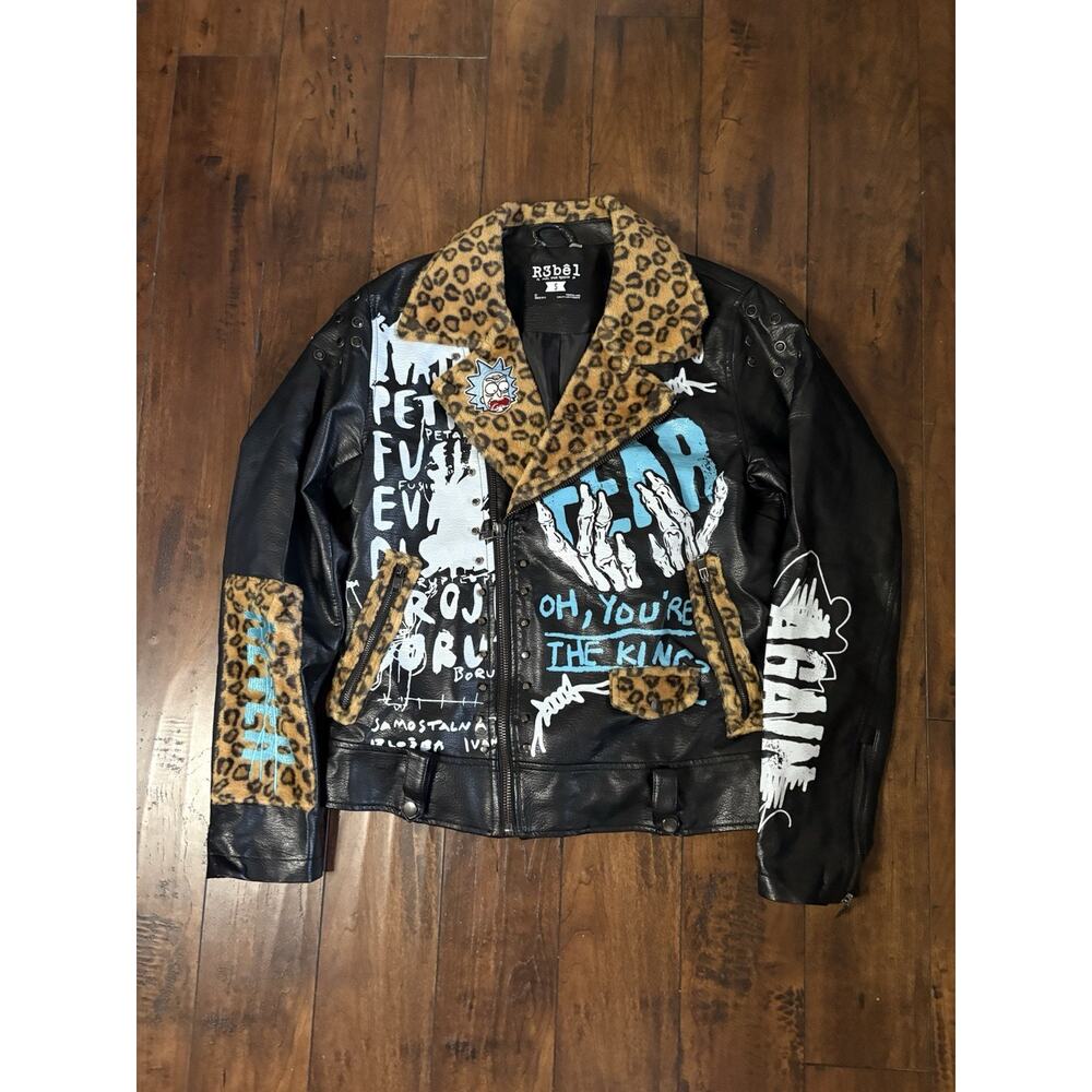 R3bel Faux Leather Jacket Women’s S Cheetah Print Fur Graphic Y2K Black Biker